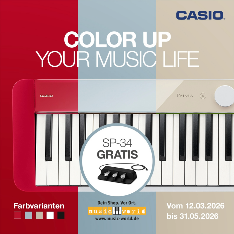 Color up your music life - SP-34 Pedal gratis beim Kauf eines PX-S1100. Zu sehen ist ein Teil des beworbenen Keyboards in 3 Farbbereiche - rot, taube, beige - geteilt-